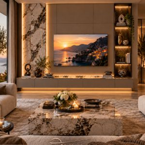 Özel tasarım mermer TV ünitesi, lake dolaplar, doğal mermer duvar kaplaması ve LED aydınlatmalı modern salon dekorasyonu.