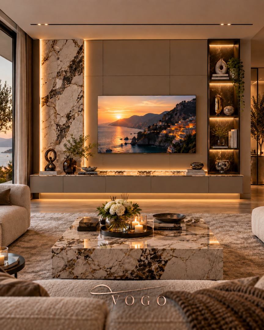 Mermer TV Ünitesi – Özel Tasarım Lüks TV Ünitesi Özel tasarım mermer TV ünitesi, lake dolaplar, doğal mermer duvar kaplaması ve LED aydınlatmalı modern salon dekorasyonu.