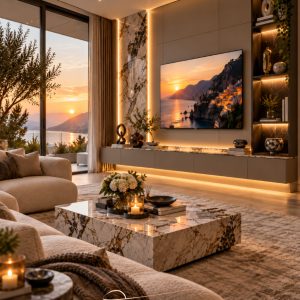 Modern lake TV ünitesi, doğal mermer dekoratif panel, özel tasarım raf sistemi ve LED aydınlatmalı lüks televizyon ünitesi.