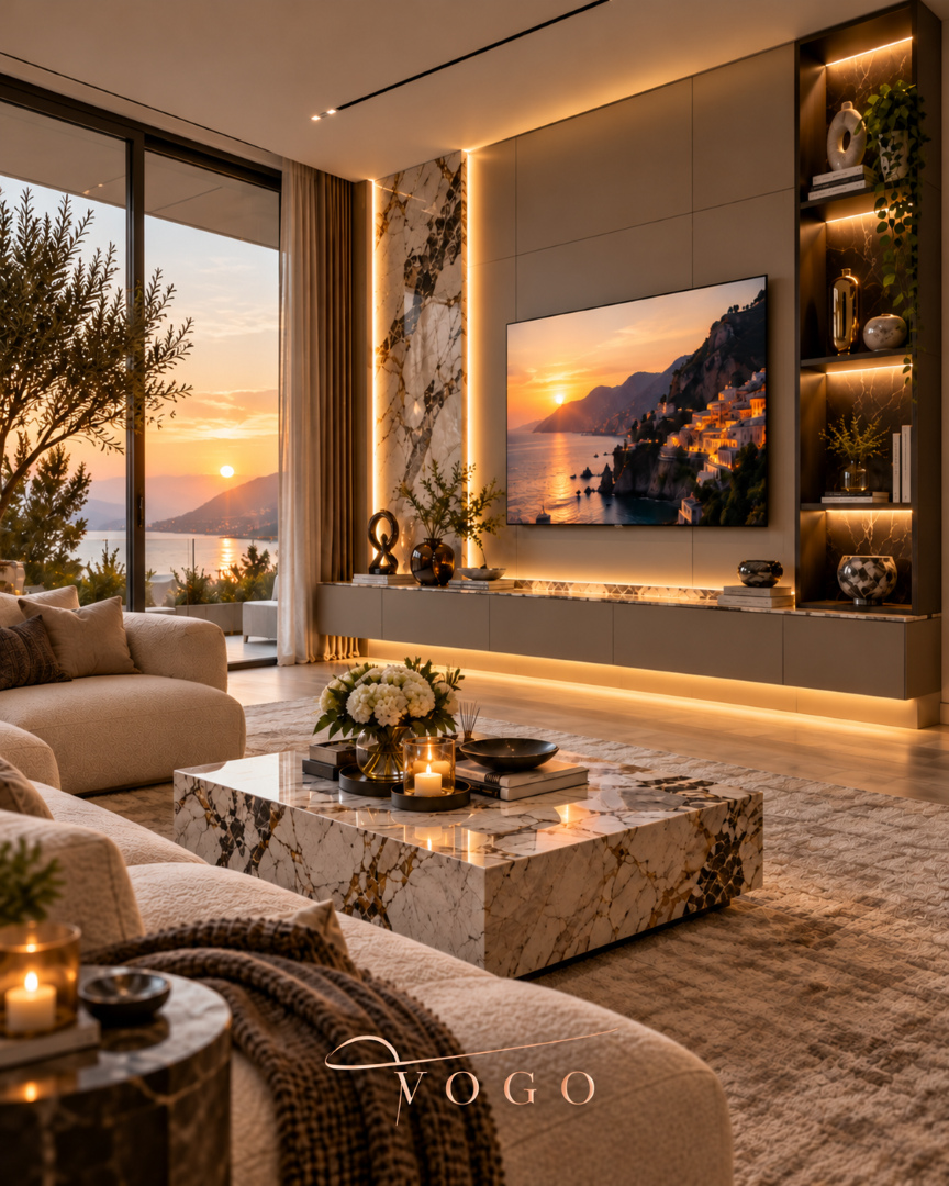 Lake TV Ünitesi – Modern ve Kişiye Özel TV Ünitesi Modern lake TV ünitesi, doğal mermer dekoratif panel, özel tasarım raf sistemi ve LED aydınlatmalı lüks televizyon ünitesi.
