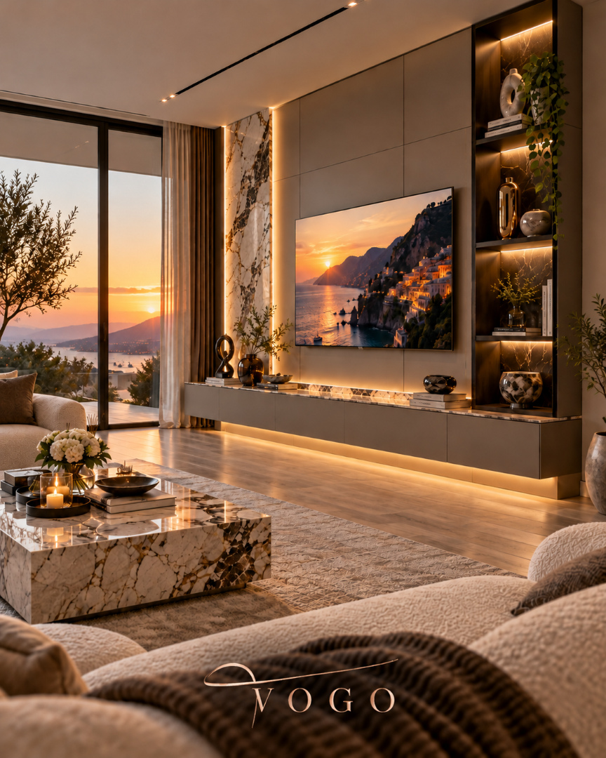 Özel Tasarım TV Ünitesi – Lüks Mermer ve Lake Ünite Lüks salon için özel tasarım TV ünitesi, doğal mermer ve lake kaplama detayları, modern raflar ve gizli LED aydınlatma.
