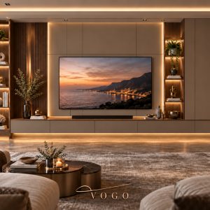 Milano lake TV ünitesi, doğal ahşap kaplama paneller, LED aydınlatmalı dekoratif raflar ve modern salon tasarımı, özel üretim tv ünitesi, lake tv ünitesi