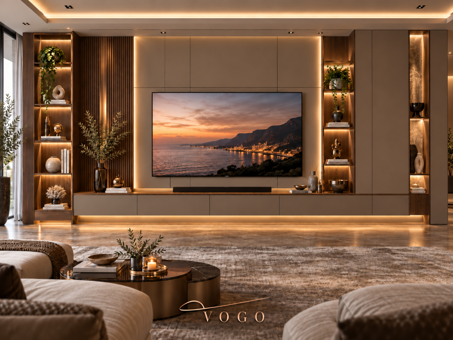 milano-ahsap-kaplama-tv-unitesi Milano lake TV ünitesi, doğal ahşap kaplama paneller, LED aydınlatmalı dekoratif raflar ve modern salon tasarımı, özel üretim tv ünitesi, lake tv ünitesi