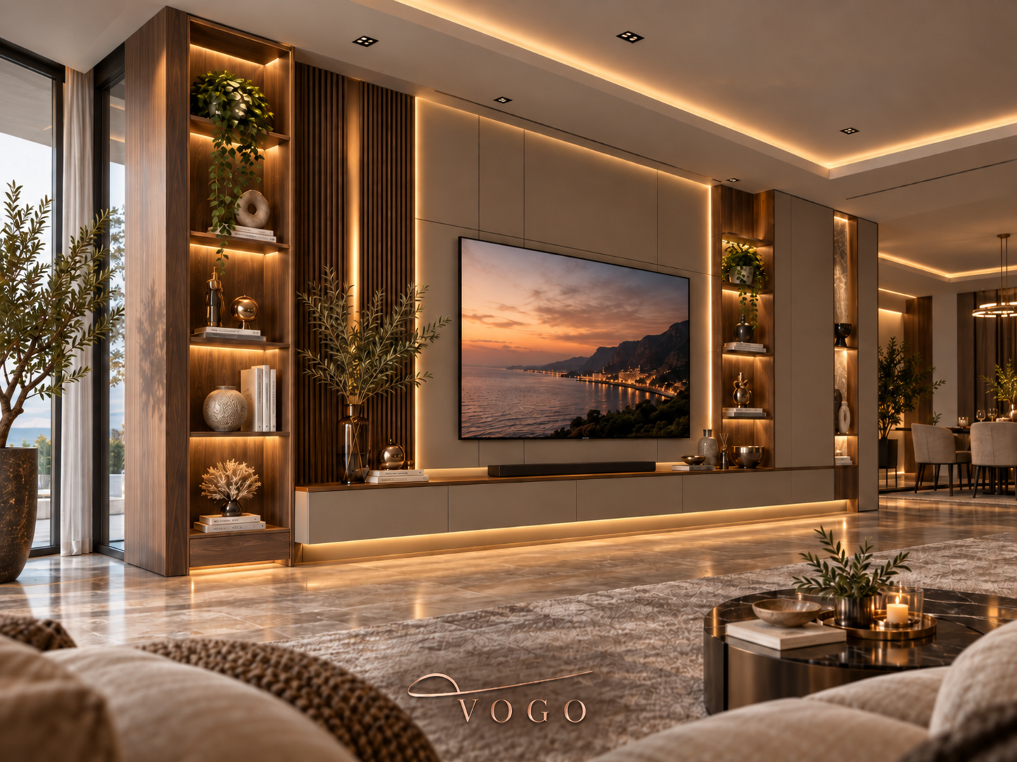 milano-lake-tv-unitesi Milano lake TV ünitesi, doğal ahşap kaplama paneller, LED aydınlatmalı dekoratif raflar ve modern salon tasarımı, özel üretim tv ünitesi, lake tv ünitesi