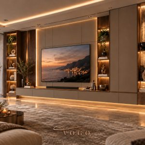 Milano lake TV ünitesi, doğal ahşap kaplama paneller, LED aydınlatmalı dekoratif raflar ve modern salon tasarımı, özel üretim tv ünitesi, lake tv ünitesi