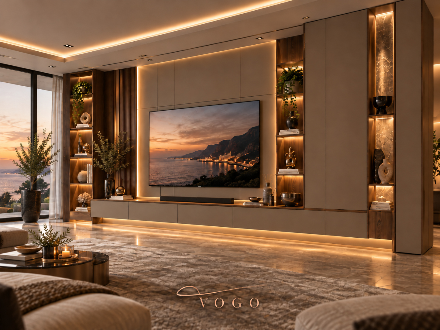 milano-ozel-tasarim-luks-tv-unitesi Milano lake TV ünitesi, doğal ahşap kaplama paneller, LED aydınlatmalı dekoratif raflar ve modern salon tasarımı, özel üretim tv ünitesi, lake tv ünitesi